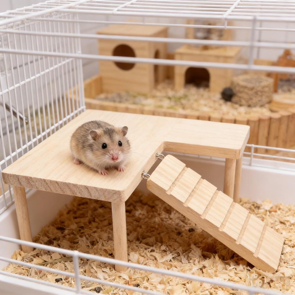 1 Set L-Shaped Solid Wood Hamters Two-Tier Platform Table with Ladder, Hamster Toys Bite-Resistant Stable Pet Hideout, Climbing Furniture for Small Pets, All Seasons Use
