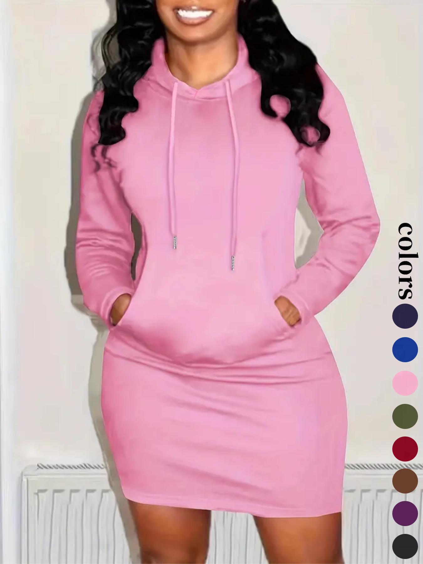 Women's Solid Drawstring Hooded Sweatshirt Dress, Casual Long Sleeve Pocket Dress for Fall & Winter, Ladies Clothes for Daily Wear, Womenswear, Fabric