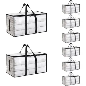 Set of 3 large-capacity, transparent, thick plastic foldable storage bags with hinged lids—sturdy, durable organizers ideal for home, camping, travel, attic storage, dorm rooms, and moving