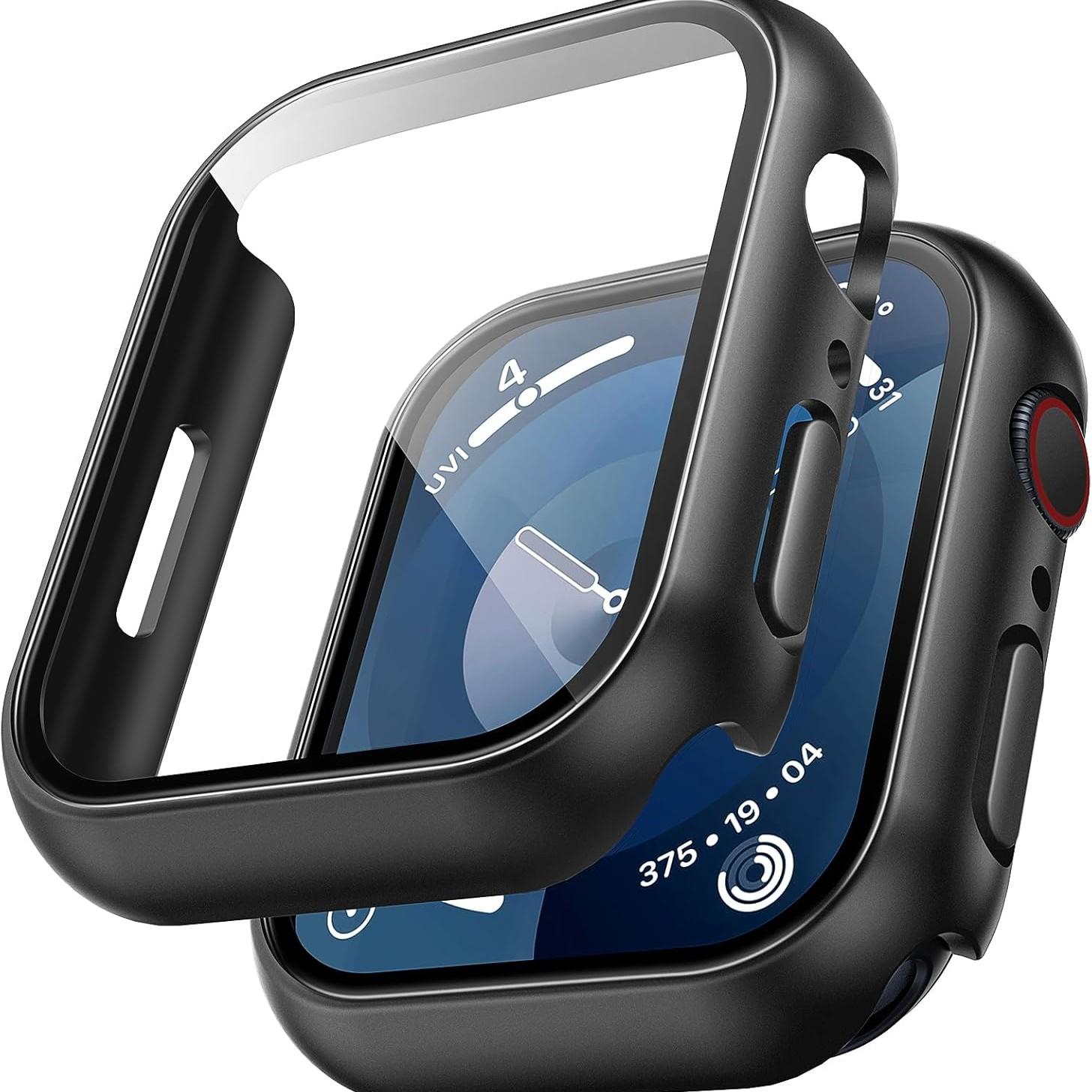 2 Sets for Apple Watch Series PC Black Protective Case with Tempered Glass Film, Smartwatch Accessories, Ultra-Thin Fit Anti-Scratch Protection Easy Installation, Black for iWatch 9/8/7 41mm/45mm, 6/5/4/SE 40mm/44mm, 3/2 38mm/42mm