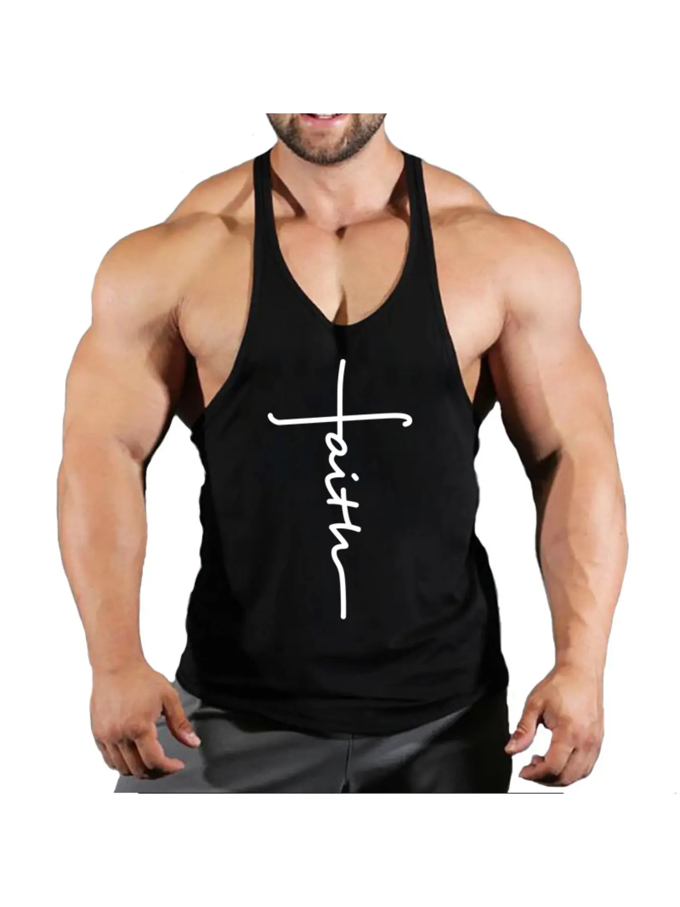 Men Bodybuilding Stringer Tank Top Faith Cross Print Weightlifting Fitness Workout Training Tank Sleeveless Tee