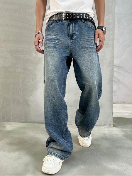 Men's Loose-Fit Tie-Dye Denim Jeans, Y2K Style Casual Straight Leg Pants, All-Season Fashionable Zipper Fly Design
