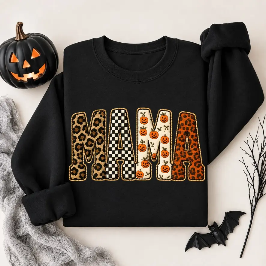 Women’s Patched Mama Faux Embroidery Polyester Fabric Sweatshirt - Minimalist, Breathable, Casual, Comfortable Crewneck Long-Sleeve Pullover, Vintage Fall Style Top with Flattering Fit for Halloween, Holiday Gifts