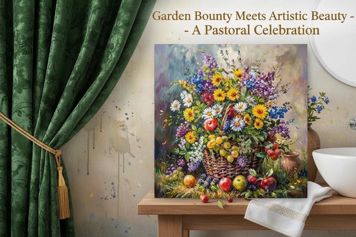 Vintage Oil Painting Style Flower Basket Bath Curtain, European Classical Artistic Bathroom Decor, Soft Polyester Material, Home Hotel Use
