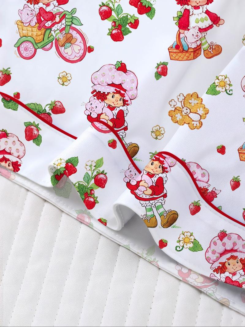 Women's Strawberry Cartoon Print Sleepwear Set, Short Sleeve Button-Up Top & Elastic Shorts, Casual Home Wear for Daily Use