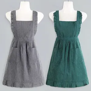 Cotton fabric Apron Fashion Breathable breathable Maid Dress with Waistband Home Kitchen Cooking Restaurant Women Workwear