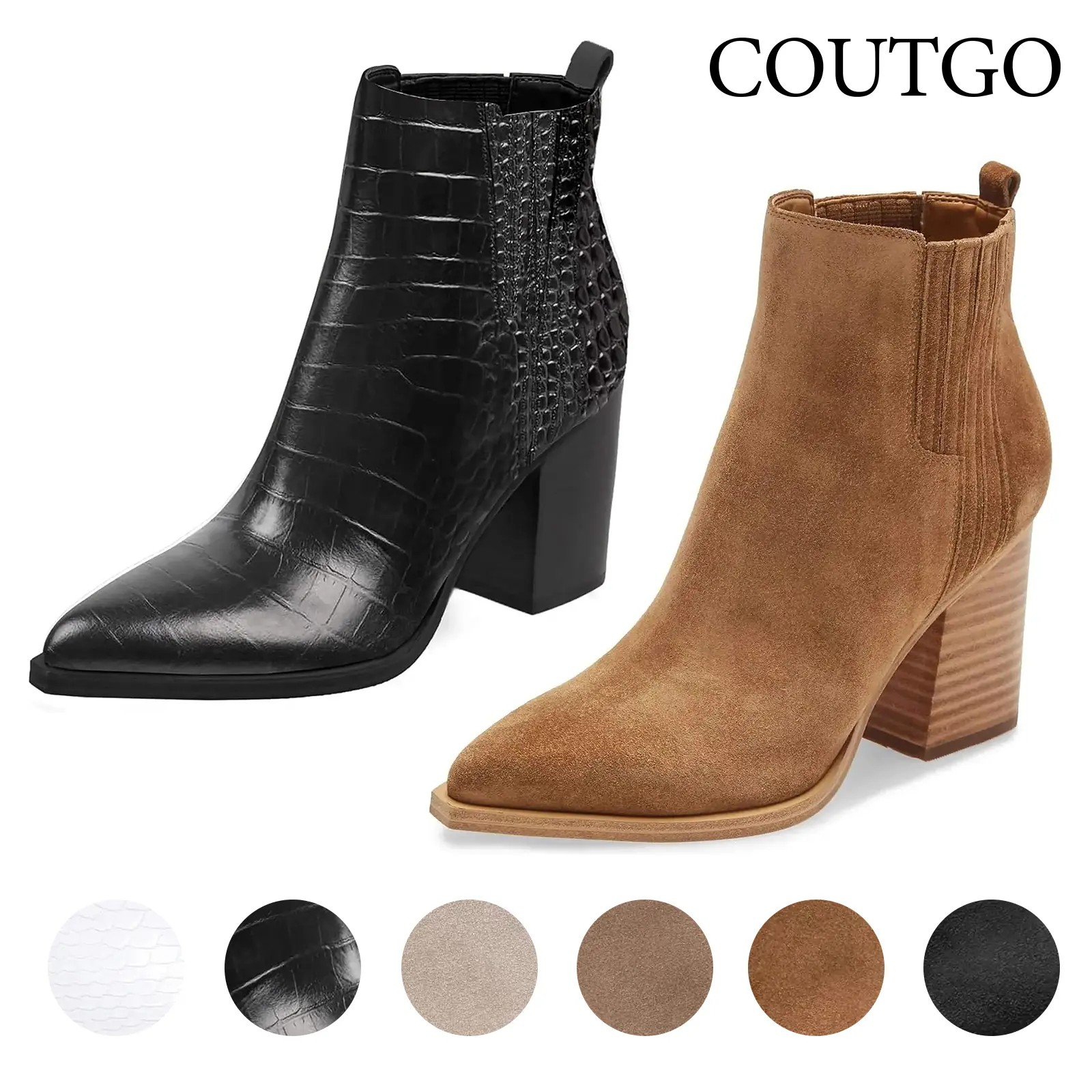 Coutgo Womens Ankle Boots Pointed Toe Chunky Stacked Mid Heeled Faux Suede Leather Booties tiktokshopbacktoschool
