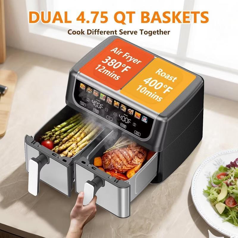9.5L Large Capacity Double Basket Air Fryer with Independent Dual Zone Temperature Control, 10 One-Touch Preset Cooking Modes, Sync Finish and Match Cook Functions, Stainless Steel Non-Stick Baskets