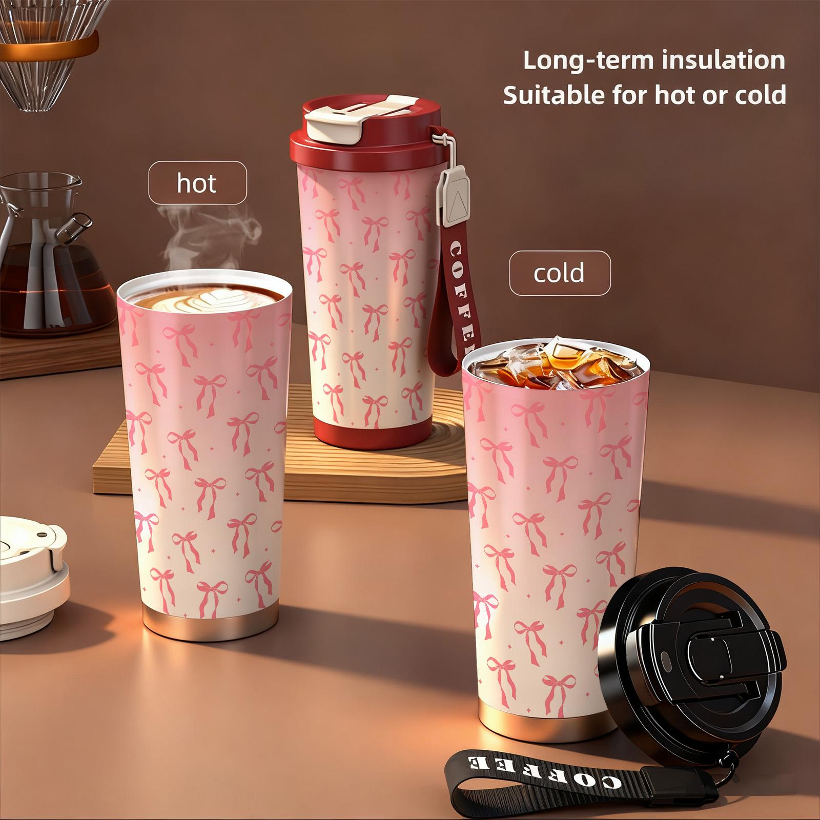 1 Pc insulated mug pink bow ribbon vacuum cup, Vacuum insulated flask, double wall stainless steel leak-proof travel coffee tumbler, tumbler for hot cold drinks, keeps warm 12 h/cold 24 h, 18oz pink thermal mug for women, holiday gift