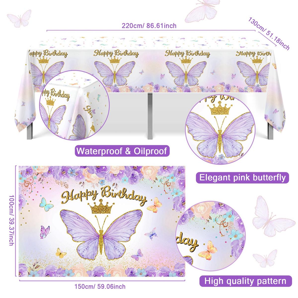 Butterfly Pink/PurpleBalloon Tablecloth Backdrop Set,94pcs Pink Butterfly Latex Balloon Girls Birthday Party Decoration,Happy Butterfly Birthday Balloon Decor