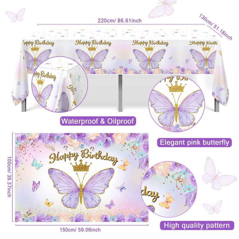 Butterfly Pink/PurpleBalloon Tablecloth Backdrop Set,94pcs Pink Butterfly Latex Balloon Girls Birthday Party Decoration,Happy Butterfly Birthday Balloon Decor