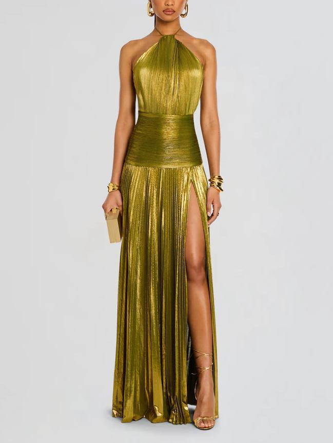 2026 Summer Women's New Sleeveless Backless Pleated Split Tie Halter Dress Formal Womenswear