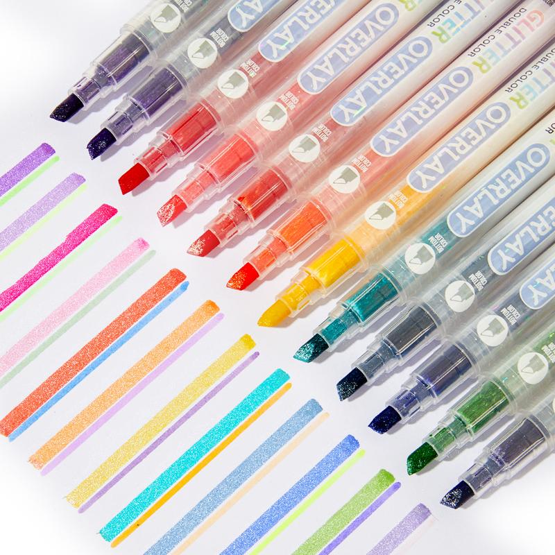 Glitter Highlighter Marker Pen, 6 Counts/set Double Color Highlighter Marker Pen, No Bleed Colors Highlighter Marker Pen for Journaling, Students School Office