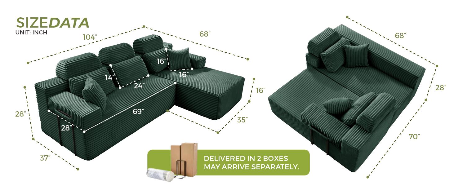 【2 Packages Shipping】104" Modular Sectional Couch with Chaise, L-Shape Oversized Cloud sofa Couch,Corduroy Cloud Velvet Boneless Couch for Living Room, Sofa in A Box, No Assembly Required