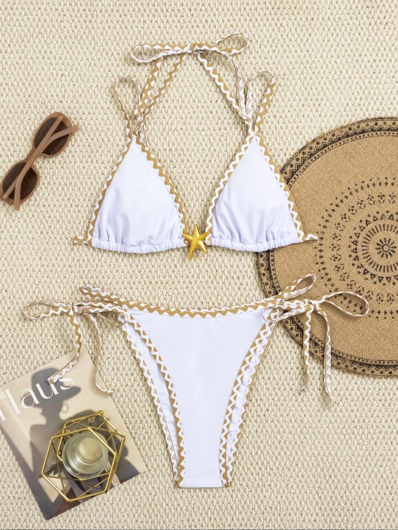 Women's Patchwork Floral Print Colorblock Bikini Set, Boho Tie Back Triangle Swim Bra & Tie Side Swim Thong, Summer Two-piece Swimsuit for Beach Holiday Vacation Swimming, Color Block Swimsuits