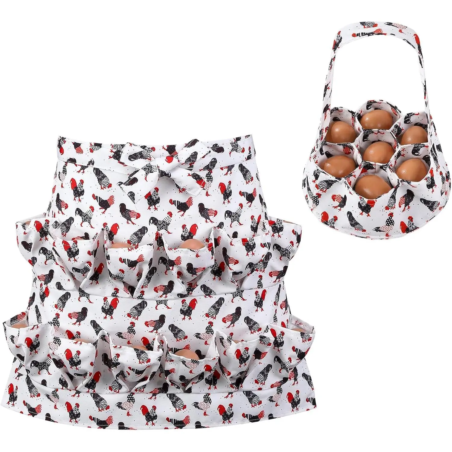 Chicken Print Household Egg Collector Set - Durable Synthetic Modern Home Supplies, Including 12-Pouch Apron and 7-Pouch Laundry Basket