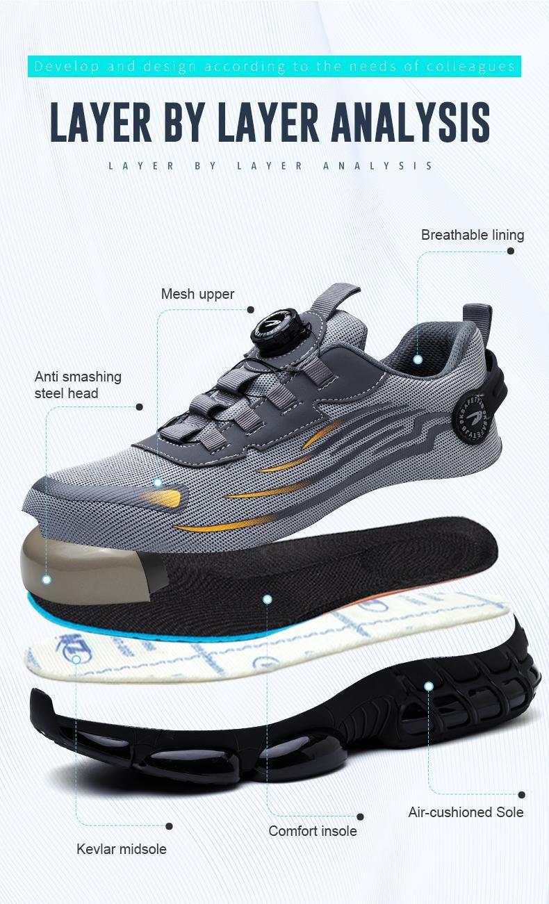 Product Introduction of Men's steel toe shoes, puncture-proof and smash-proof with swivel buckle, contrasting mesh work safety shoes, suitable for outdoor work, blue-collar workers, industrial construction, outdoor casual shoes Product model: 266 13