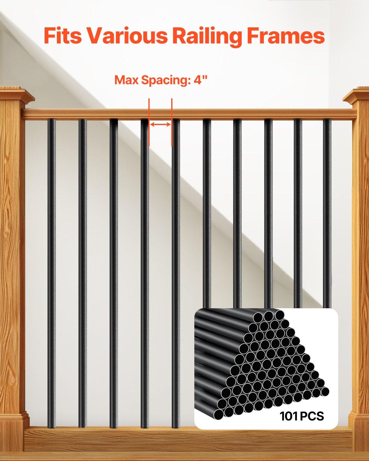 VEVOR Staircase Balusters 101 Pack, 32 In Aluminum Stair Balusters, 3/4 In Water-Proof Round Metal Spindle Railing, Hollow Deck Railing with Rail Caps Screws for Stairs, Porch, Patio, Fence, Black