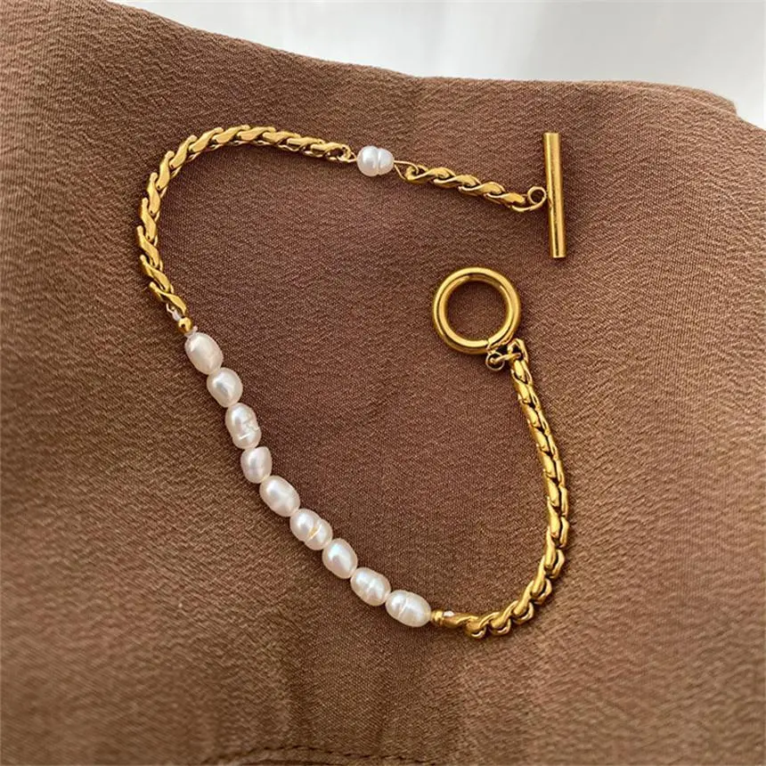 316L Stainless Steel Simplicity Vintage Irregular Shaped Imitate Pearl OT Buckle Chain Bracelets For Women Fashion Jewelry Gift