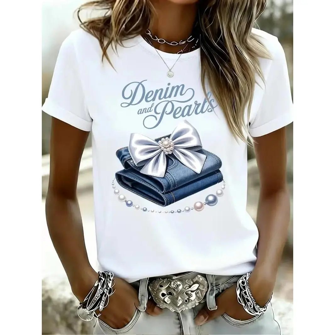 Vintage Denim And Pearls White Satin Bow Graphic T Shirt Preppy Southern Women Casual Fashion Top