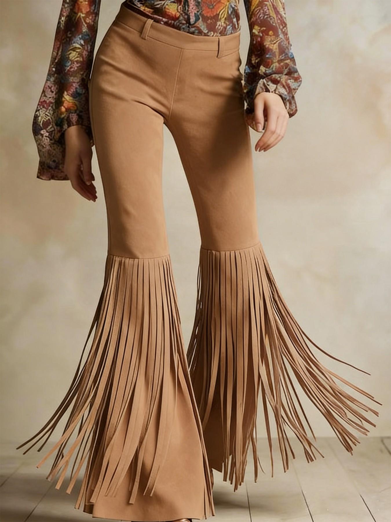 Women's Elegant Retro Textured Suede Style Bootcut Pants Slim Leg Fit, Long Fringed Hem Country Music Festival Daywear Cowgirl Style