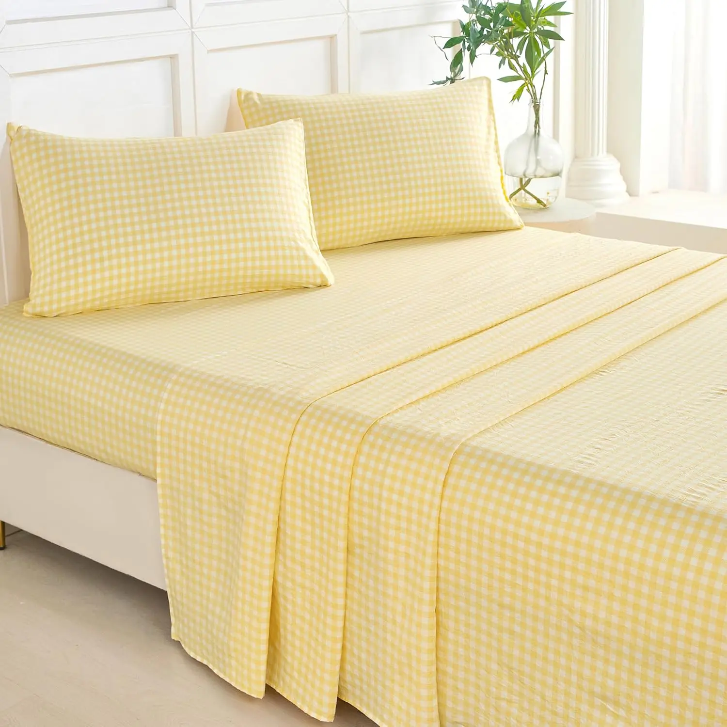 ZRNBAST Queen Sheet Set Yellow Gingham 4 Pieces Classic Checkered Plaid Bed Sheets Soft Brushed Microfiber Sheets 16" Deep Pocket Cottage Farmhouse Grid Sheet Set (Yellow, Queen)