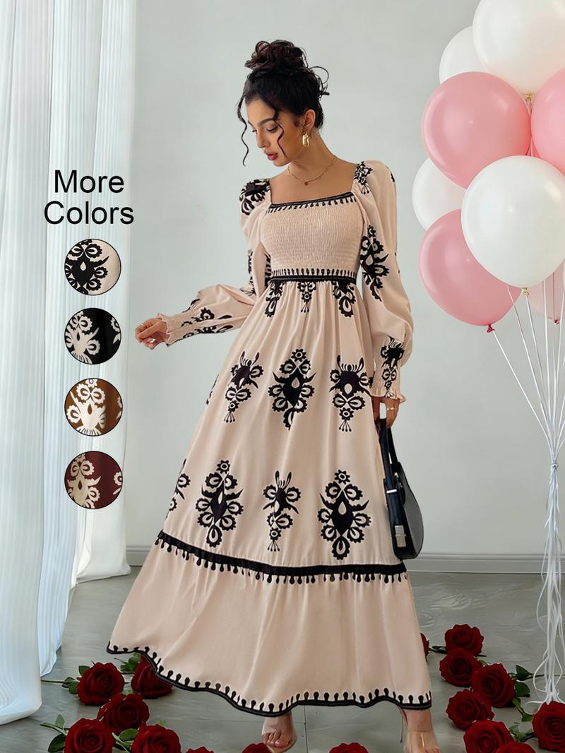 Women's Vintage Floral Lantern Sleeve High Waist Dress, Square Neck Shirred Design, Valentine's Day Party Elegant