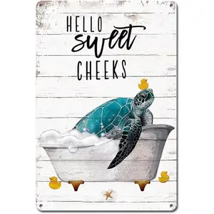 Funny Bathroom Quote Metal Tin Sign Hello Sweet Cheeks Vintage Sea Turtle Tin Sign for Office Home Classroom Bathroom Decor Gifts Best Farmhouse Decor Gift Ideas for Friends 8x12 Inch