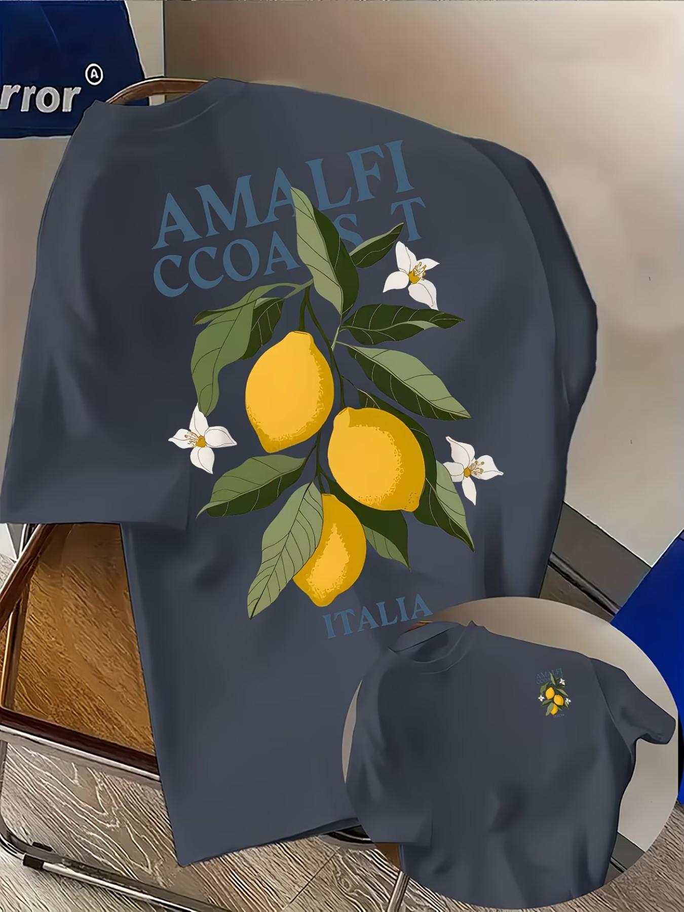 Men's Casual Amalfi Coast Lemon Print T-Shirt, Fashion Double-Sided Print, Lightweight Elastic, Regular Fit, Summer Streetwear