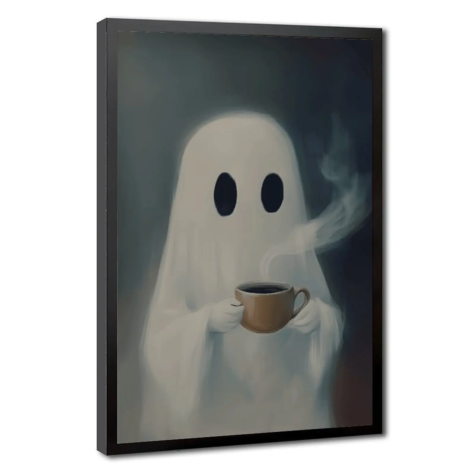 Vintage Ghost Style Drinking Coffee Artistic Print - Eco-Friendly Wood Framed Vintage Wall Art, Dark Academia Vibe Gothic Home Decor, Multi-Size Sun Protection Poster for Kid Room, Home Inspo