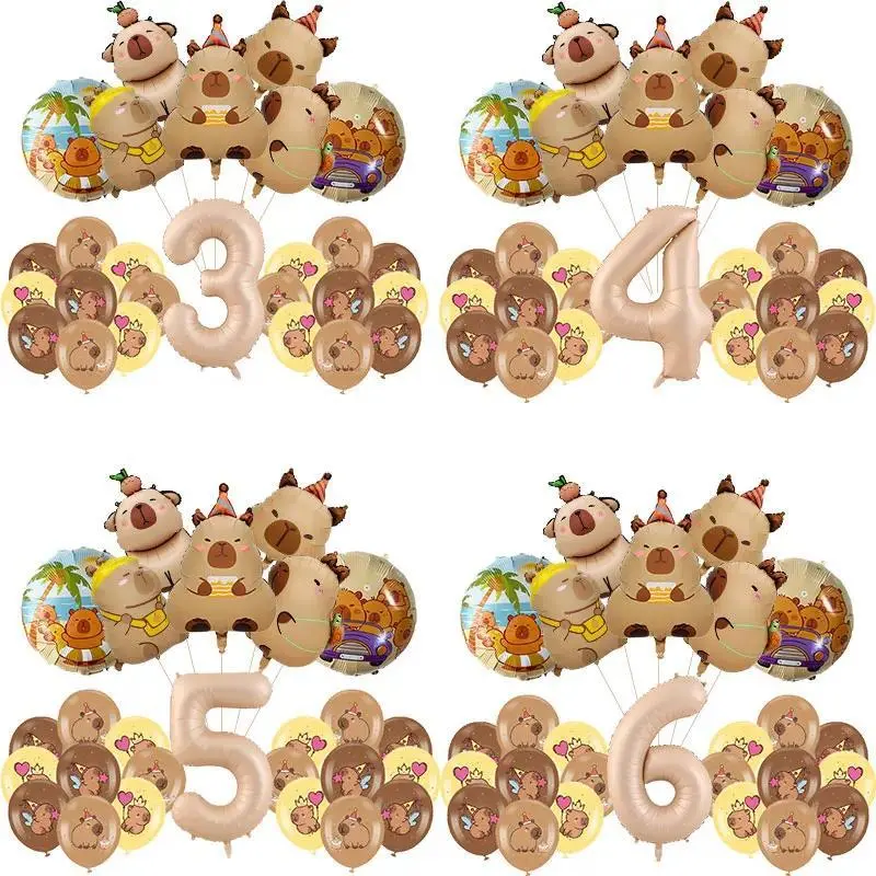 6Pcs Cute Capybara Birthday Balloons Cartoon Aluminium Film Number Balloon Set Birthday Party Decors Supplies Globos For Kids