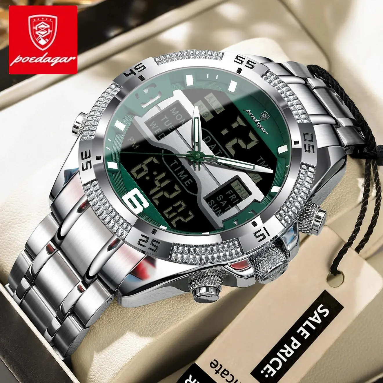 POEDAGAR Men's Luxe Classy 46mm Stainless Steel Alloy Analog Digital Sports Chronograph Watch Quartz, Dual Time Zone, Digital Weekly Calendar, Date, LED Illumination, Clasp, 30M 50M Waterproof, Multi Parameter Dual Display, Large Dial