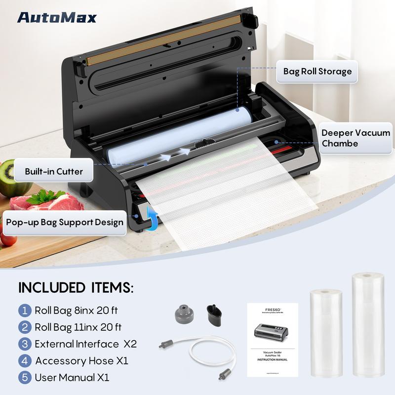 FRESKO AutoMax V6 Automatic Vacuum Sealer Machine, Double Heat Seal Food Saver with Built-in Cutter & Bag Storage, Includes Bags & Rolls