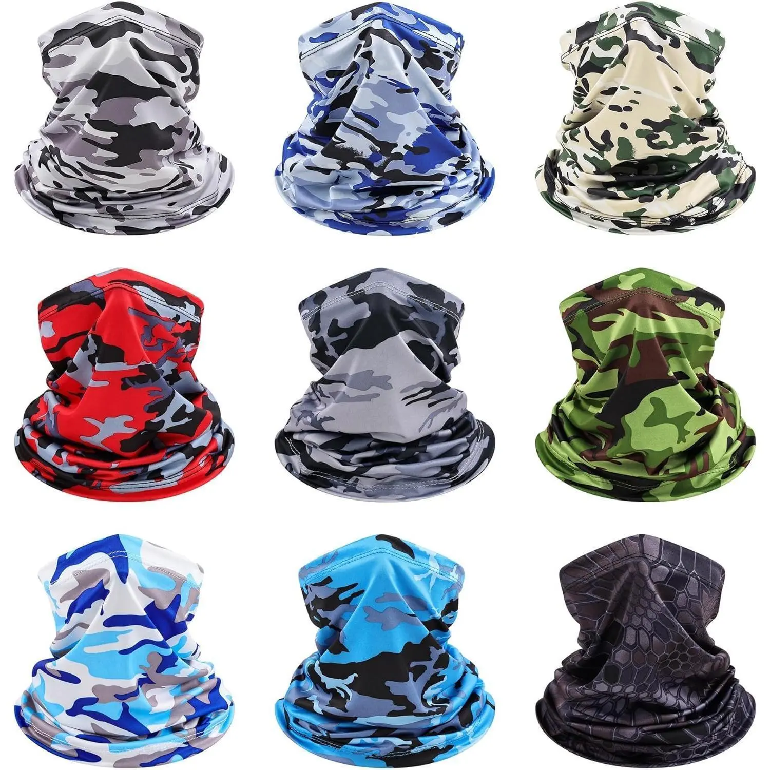 Men's 9-Piece Plain Polyester-Spandex Neck Gaiter Masks - Classic Camouflage, Forest Camouflage, Military Face Covers & Mask, UV-Protective, Wind-Resistant, Cooling, Quick Dry, Breathable, One Size for Outdoor Sports Adults