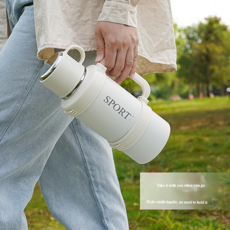 1L Large Capacity Stainless Steel Water Bottle with Foldable Handle and Leak-Proof Lid, Insulated for Hot/cold Drinks, Portable for Gym Camping Office Travel