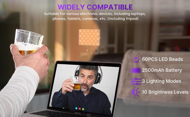 LED Selfie Light, 60 LED 3000mAh Rechargeable Phone Fill Light with 3 Light Modes, 10-Level Brightness, Portable Light with Front & Back Clip for Video Conference, , Phone, iPhone, IPad, Laptop, Makeup, Live Stream, Vlog