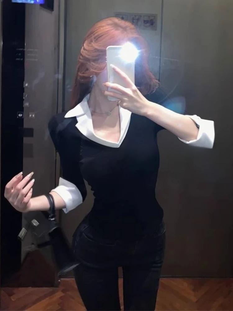 Korean Chic Design Fake Two Pieces Long Sleeves Shirt Women Spring 2025 New Elegant All Match Slim Fit Base Tops Office Clothes