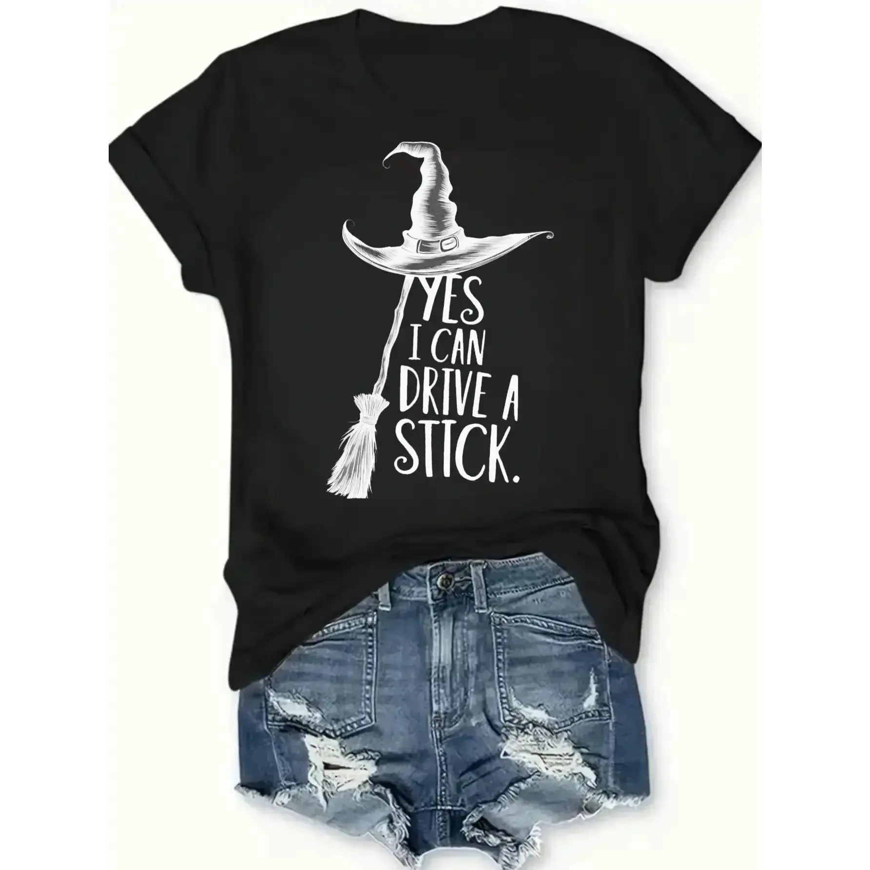 Women's Casual Crew Neck Short Sleeve Top - Yes I Can Drive a Stick, Witch Hat & Broom Bold Graphic, Funny Halloween Pun Relaxed Fit Casual Wear Sports Top, Short Sleeve Tops, Machine Wash