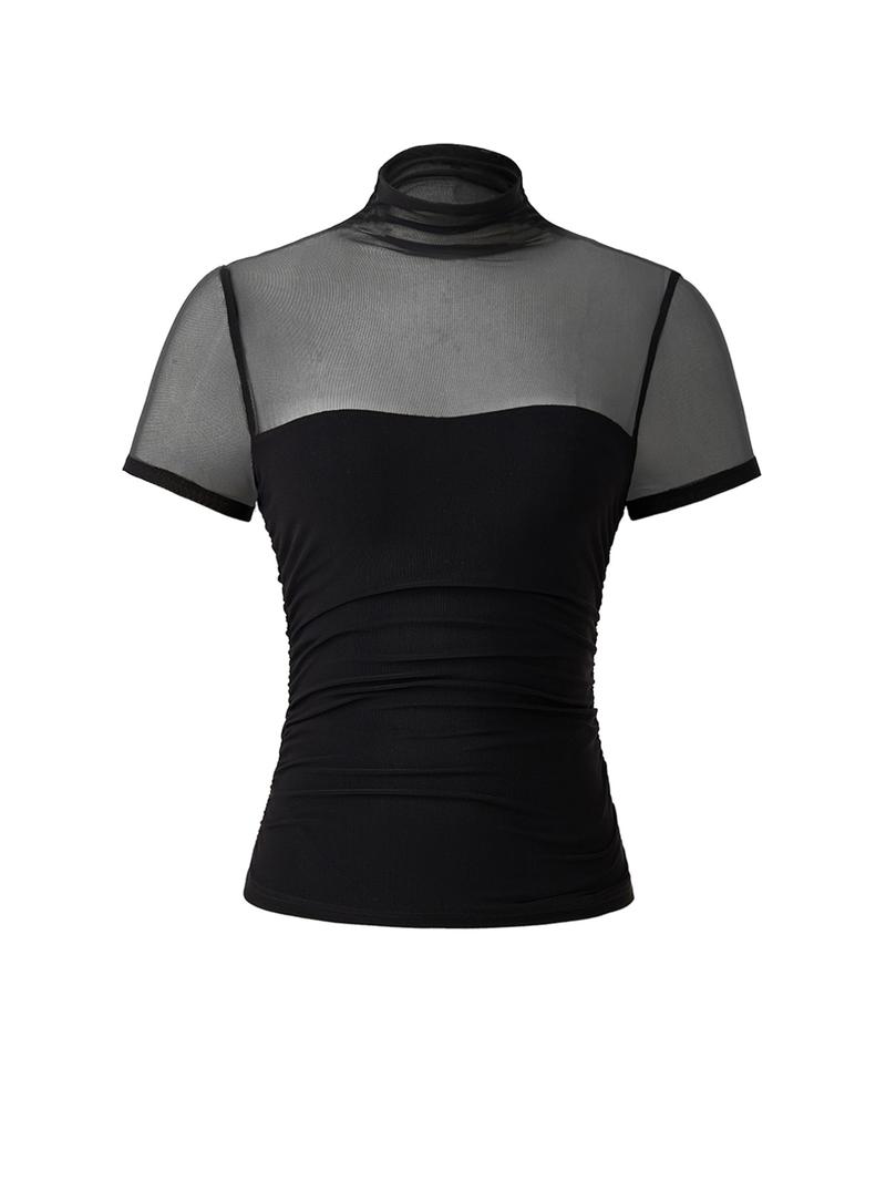 Women's Sparkle Mesh Halter Neck Short Sleeve Top, Sexy Slim Fit Cut Out Design, Soft Comfortable Casual Wear, Fashion Versatile Blouse
