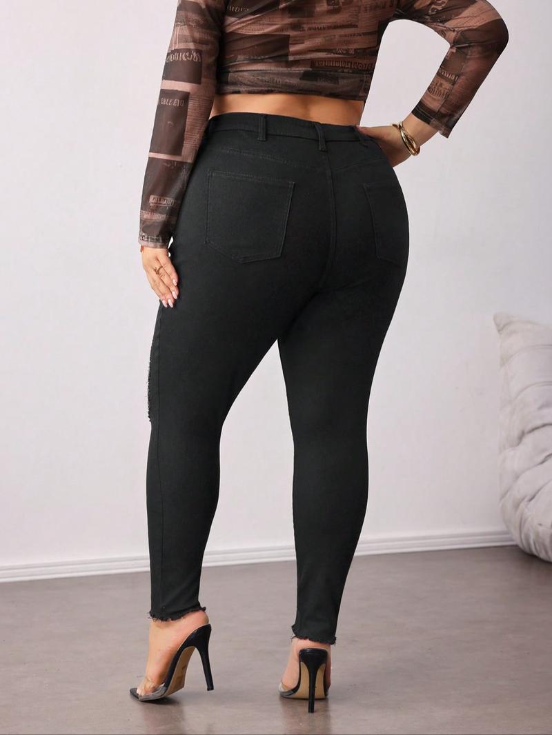 Women's Fashion New Plus Size Denim Ripped Design Faux Fur Hem High Elasticity Skinny Pants, Casual Plain Long Trousers for All Seasons