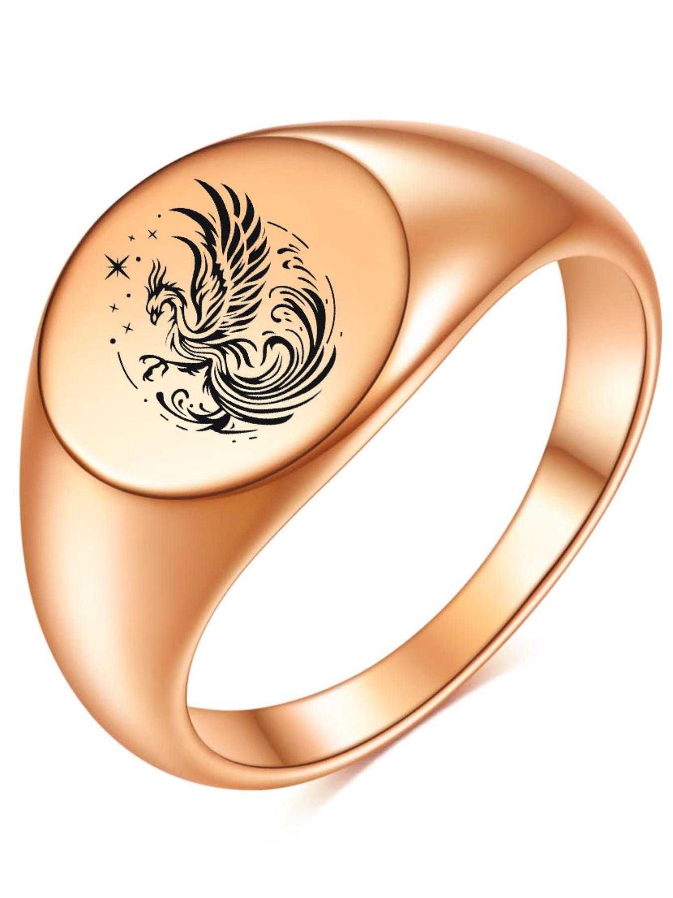 New 12mm Smooth Ring, Round 18k Gold Laser Engraved Phoenix Ring, Elegant Jewelry for Women, Unique Gift Idea, Elegant Fashion Rings