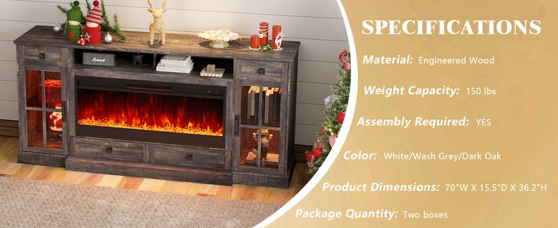 VanAcc Farmhouse Fireplace TV Stand for TVs up to 80", 70 Inch Large TV Stand with Lighting Glass Door Cabinets/Drawers/Adjustable Shelves, Entertainment Center with 43" Electric Fireplace