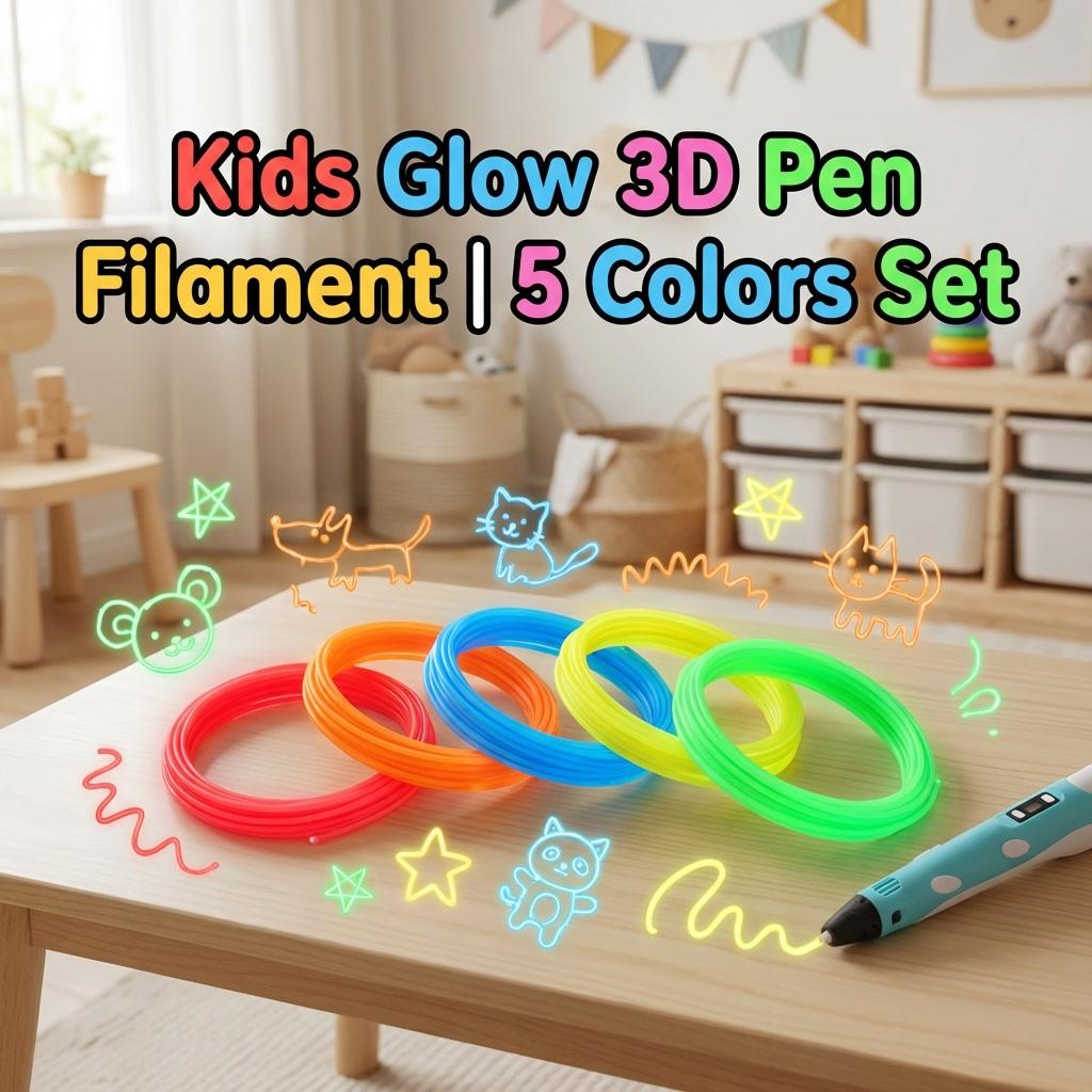 Glowing 3D Printing Filament Kit 5 Colors X 5m, 1.75mm Universal Replacement, Suitable for Kids and Adults Small Creations