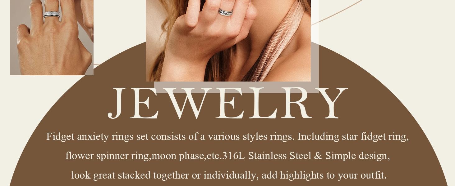 Stainless Steel Fidget Anxiety Ring for Women Men Fidget Spinner Rings Moon Star Celtic Stress Relieving Spinning Ring Wedding Band Rings Set,4-6Pcs