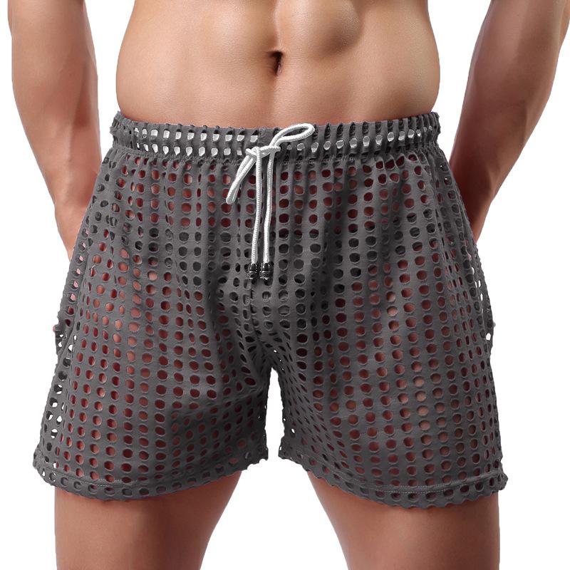 Mens Hollow Mesh Shorts Loose Fit See Through Mid Length Boxer Style Breathable Sexy Elastic Drawstring Shorts Low Waist Lightweight Soft Fabric Summer Loungewear Streetwear Trendy Nightwear Stylish Comfortable for All Seasons SpringStatements