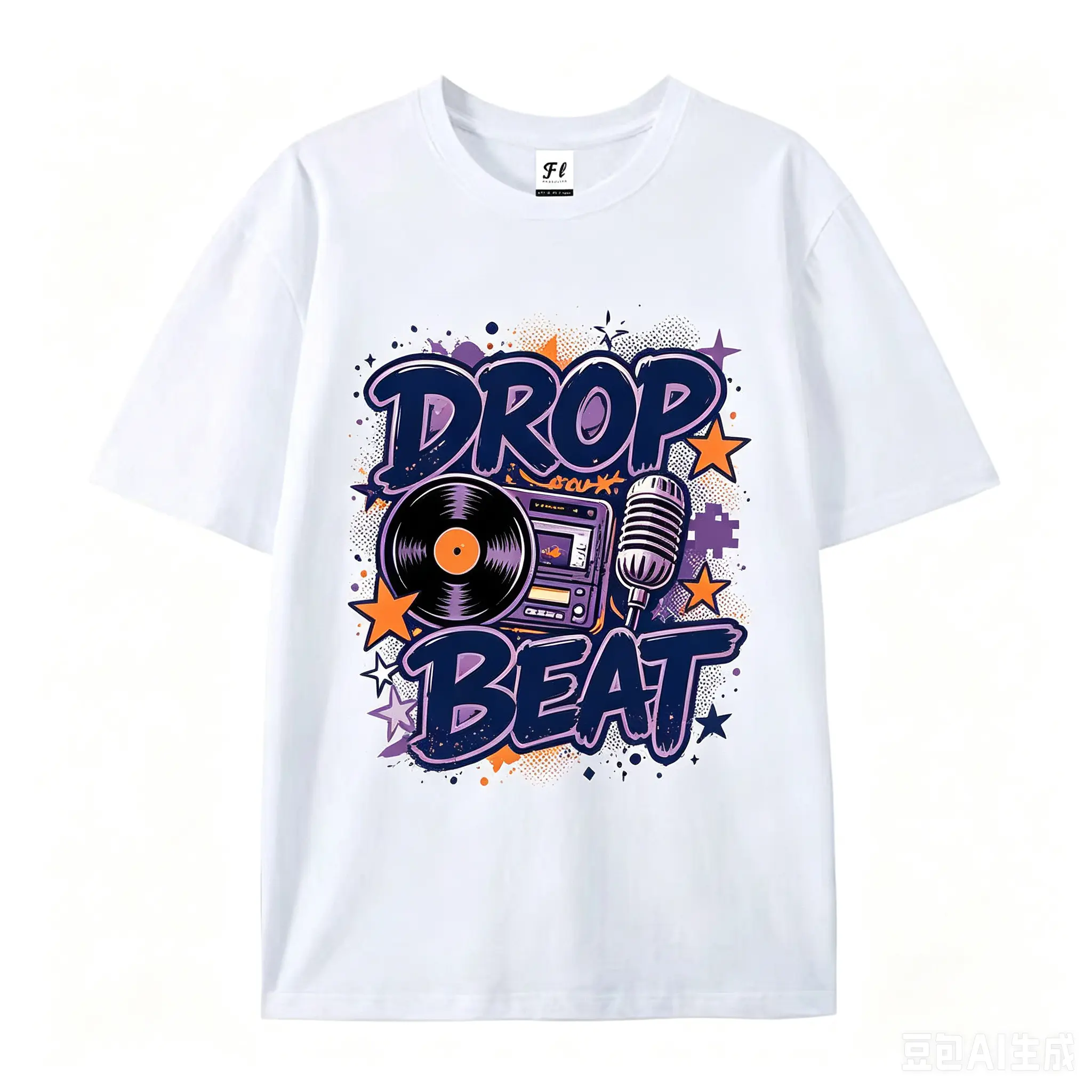 Men's Oversized Retro Round Neck Short-Sleeve Cotton T-Shirt - Drop Beat Vinyl Record Microphone Graphic, Menswear Tops, Hip Hop Outfit, Gift for Music Lovers
