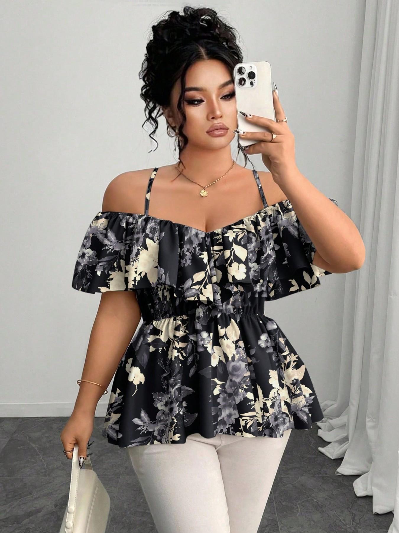 Elegant Chic Casual Bohemian Ruffle Halter Top, A-Line Hem Blouse for Spring & Summer, Plus Size Fashion Shirt for Women, Fit