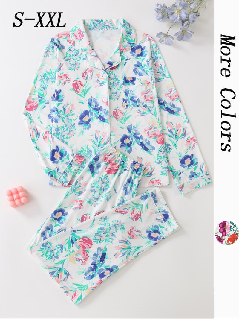 Women's All Over Floral Print Button Front Pocket Shirt & Elastic Waist Pants Pyjama Set, Casual Comfy Two-piece Pj Set, Ladies Sleepwear for All Seasons Pajama Set