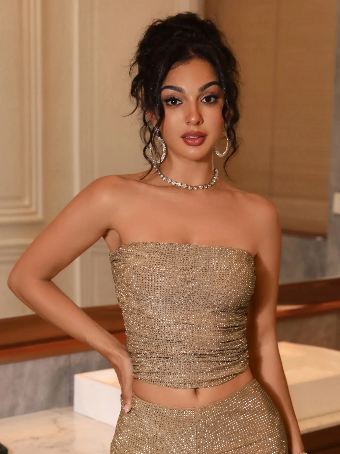 Petaluxe Women's Rhinestone Strapless Crop Top, Slim-Fit Mesh Fabric, Party Style, Short Sleeve, All Seasons, Perfect for Evening Events