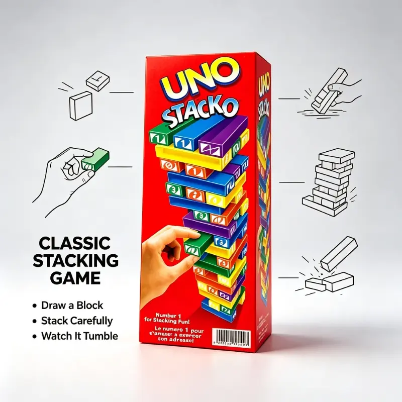 Stress Relief UNO Wooden Tumbling Stacking Tower Game, Fun Focus Training Balancing Blocks Puzzle, Relaxing Leisure Table Game for Family Night Office Break Group Gathering